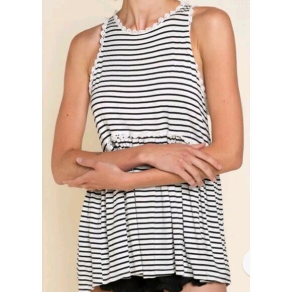 Pol striped babydoll tank lace trim racerback coastal nautical casual top L - Picture 3 of 10